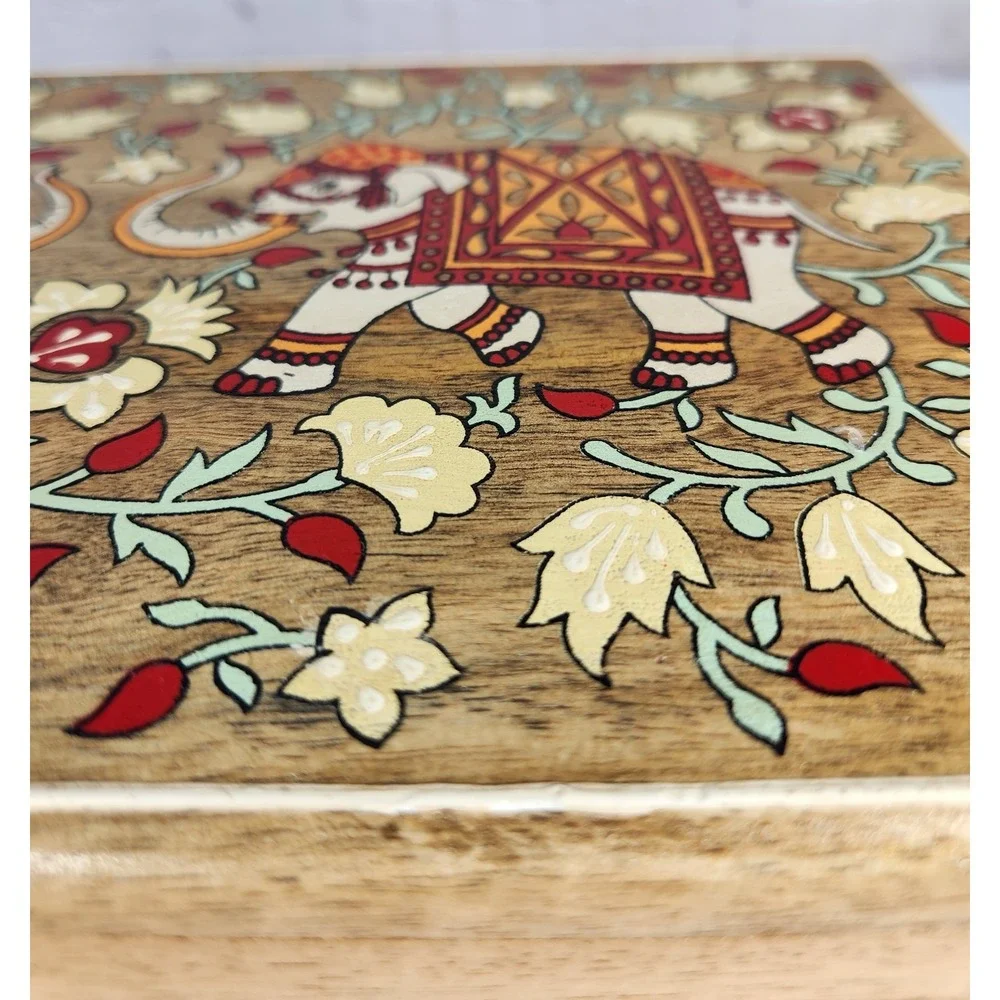 New Elephant Hand Painted Jewelry Box Treasure Chest Large Made In India Wood